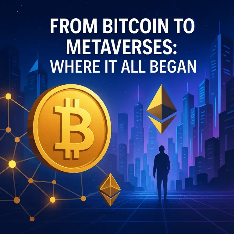 A digital illustration showing a golden Bitcoin and Ethereum token linked by blockchain nodes, with a futuristic city skyline and a human figure walking toward it.