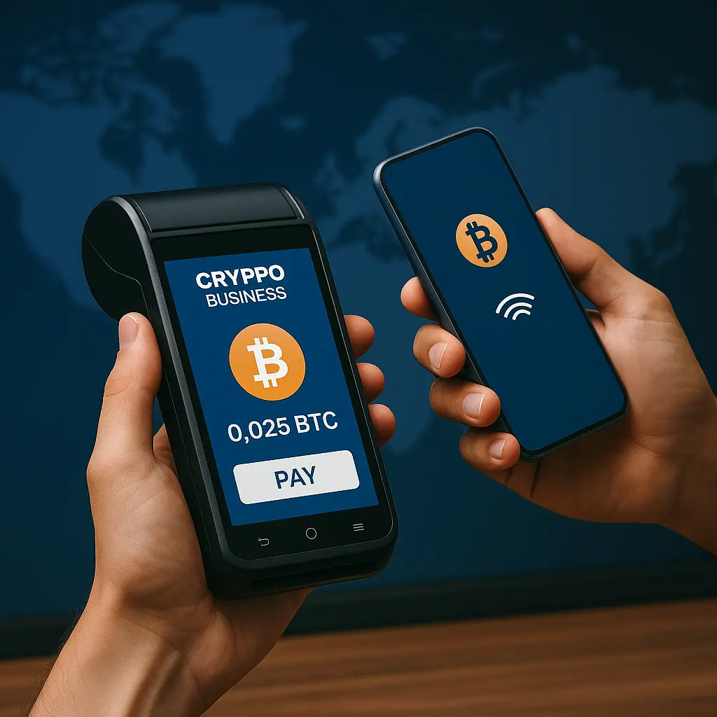 A digital photo showing a contactless payment using Cryppo Business with 0.025 BTC displayed on the terminal and a smartphone wallet app in use.