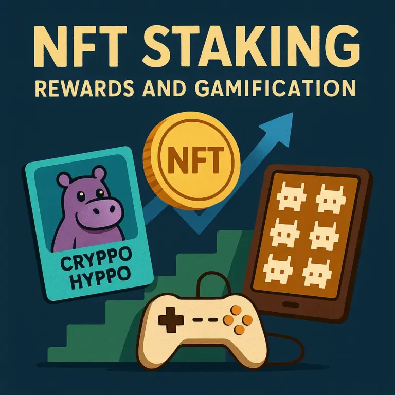 A digital illustration represents NFT staking with Cryppo Hyppo, showing a cartoon hippo NFT card, a golden coin labeled NFT, a game controller, and pixel art avatars.