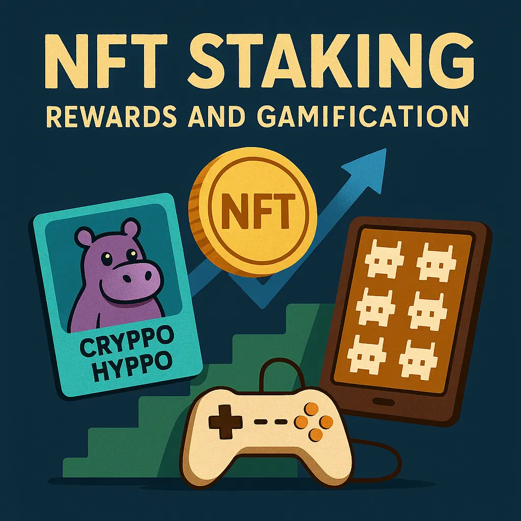 A digital illustration represents NFT staking with Cryppo Hyppo, showing a cartoon hippo NFT card, a golden coin labeled NFT, a game controller, and pixel art avatars.