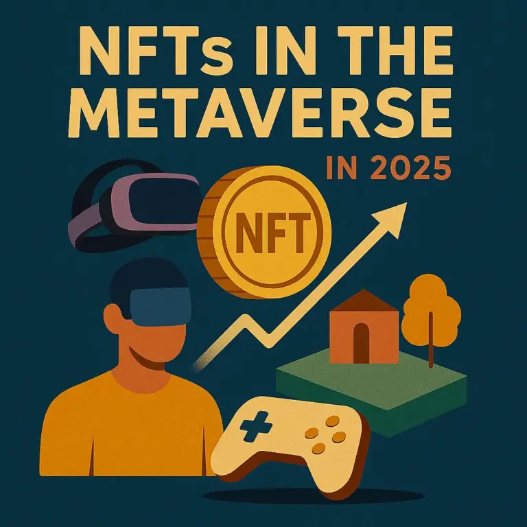 A flat-style digital illustration with a golden NFT coin, a VR headset, a humanoid avatar, and a virtual landscape, symbolizing NFT evolution in the metaverse by 2025.